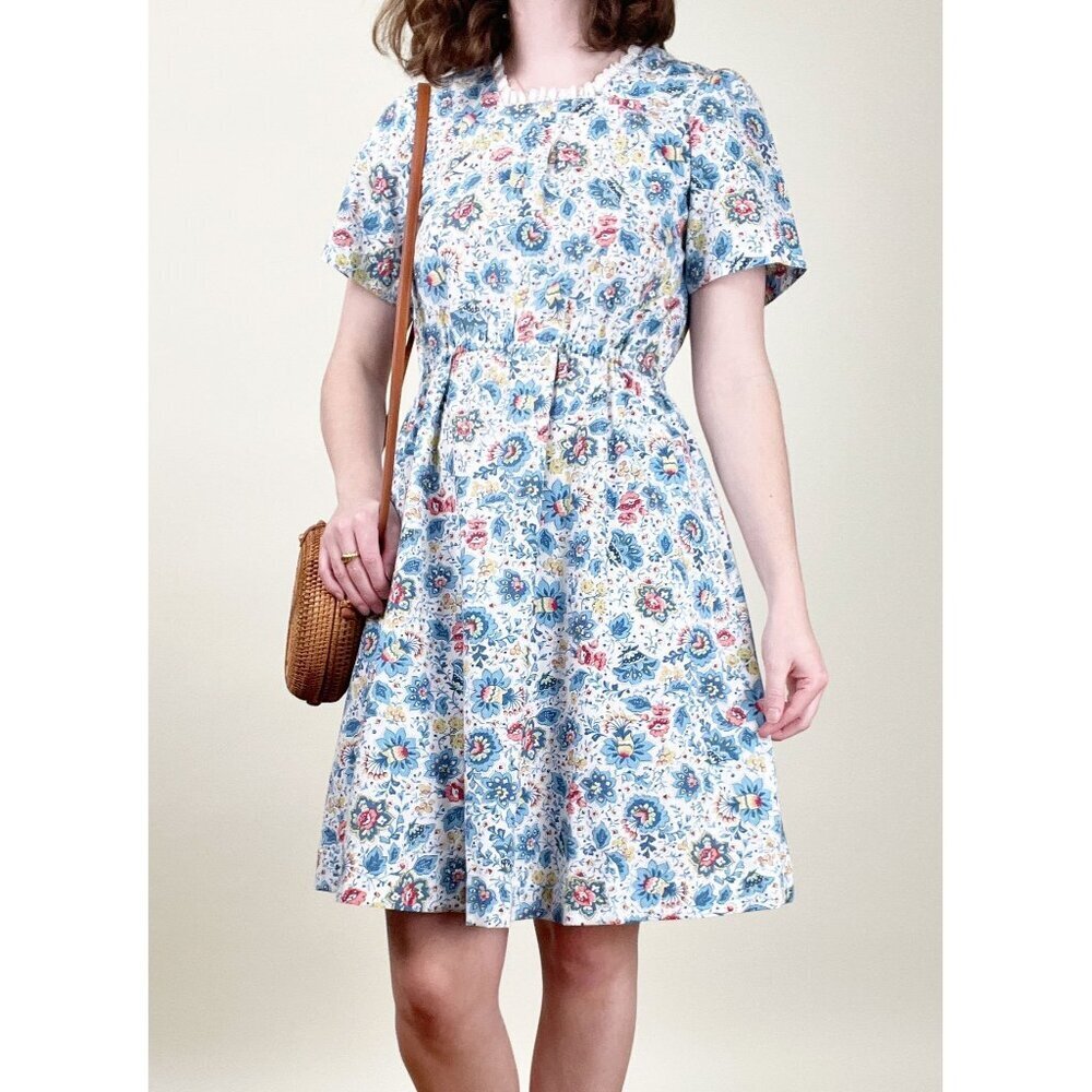Vintage Floral Lace Mini Midi Dress Short Puff Poofed Sleeve Cottagecore Western - Picture 3 of 5